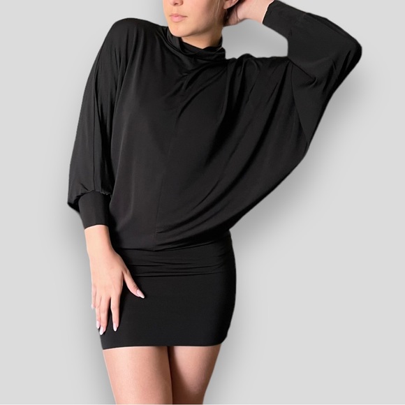 Marciano Dresses & Skirts - Marciano Slinky Knit Dolman Long Sleeve Mock Neck Tunic Mini Dress Black